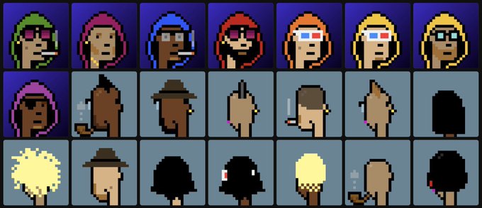 A pixel-art style grid of 21 character avatars (3 rows × 7 columns) with the top row featuring hooded figures with colored hair (green, pink, blue, red, orange, yellow, and blonde) and the bottom two rows displaying various profile views, black silhouettes, and characters with different accessories like hats and glasses. The collection appears to represent members of the "Rebel Hood Brotherhood" mentioned in the post, who are set to end their promotion and declare an end to the "burning law" in Degenwoods next week.