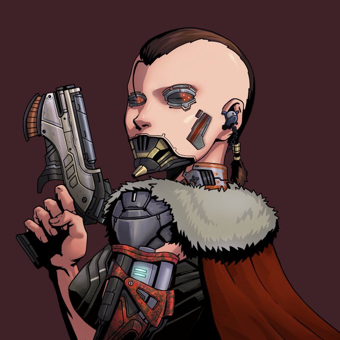A sci-fi illustration of a cyborg character with cybernetic implants on its face, holding a futuristic gun, wearing a fur-collared cape over armor.