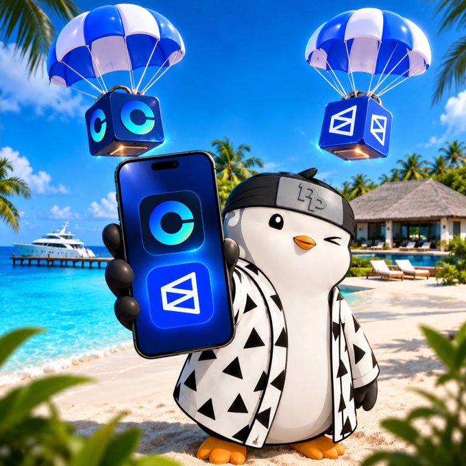 A cartoon penguin wearing a ninja headband and patterned robe on a tropical beach, holding a smartphone with app icons while two parachute deliveries with similar app logos descend from the sky.
