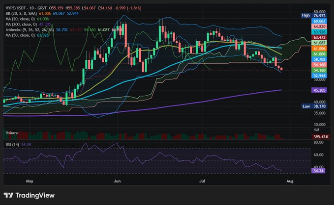 A daily candlestick chart for HYPE/USDT on TradingView shows the price currently at 55.159, down 1.81% (-0.999), trading well above the 200-day moving average at 45.395 (highlighted in purple), suggesting the recent drop has not yet threatened this key long-term support level.