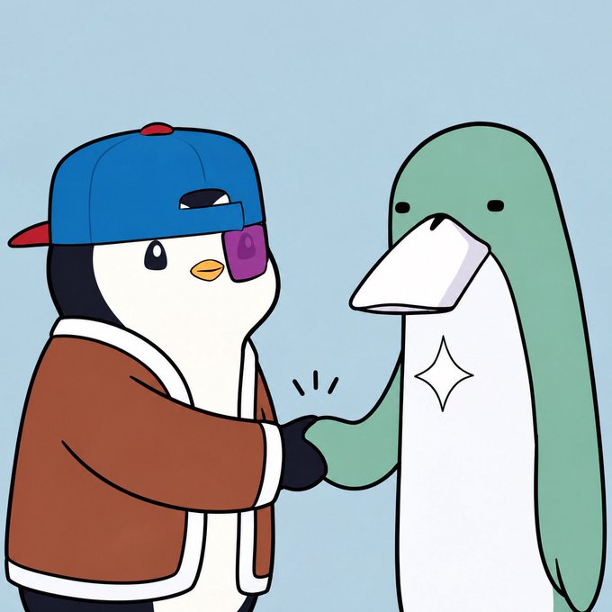 A cartoon illustration shows a penguin wearing a blue backwards cap and brown jacket shaking hands with a green creature holding a piece of paper, set against a light blue background.
