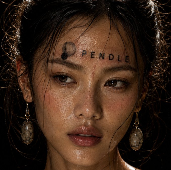 A close-up portrait of an Asian woman with wet hair and dangling earrings, with the word 'PENDLE' tattooed or marked on her forehead.