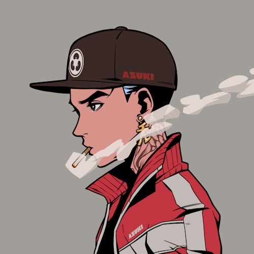 An anime-style illustration of a young man in a red jacket and black cap (with 'AZUKI' text) smoking a cigarette with smoke trailing behind him.