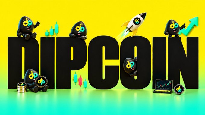 A vibrant promotional image for "DIPCOIN" featuring cartoon black characters with the project's signature "Dippy" mascot interacting with elements like a rocket, upward arrow, charts, and crypto coins, set against a bright yellow and green gradient background—visually celebrating the project's growth and trading focus as the author announces their new role as Ambassador at DipCoin Labs.