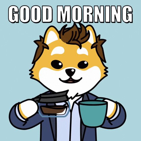 urn of coffee with a blue lid, holding it while wearing a suit and tie against a light blue background.