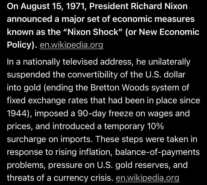 The image shows a text excerpt about the "Nixon Shock" of August 15, 1971, when President Richard Nixon suspended dollar-gold convertibility, froze wages/prices for 90 days, and imposed a 10% import surcharge—ending the Bretton Woods system. The caption "GOLD $FUZZY" connects to the image's central theme of gold's monetary role being severed from the U.S. dollar, an unprecedented policy change that has since left gold's true value in a state of relative obscurity or "fuzziness."