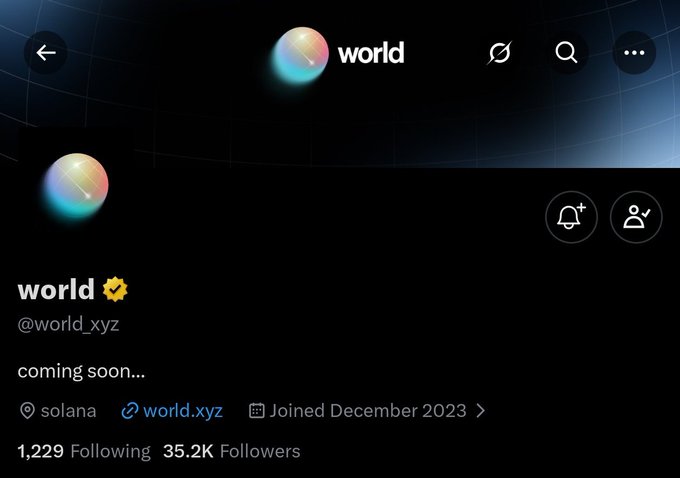 This image shows the X (formerly Twitter) profile page of @world_xyz, which has 35.2K followers, joined December 2023, and displays "coming soon..." as its bio alongside a Solana connection badge. The image directly addresses the post by showing the minimal, teasing profile of "world" — a crypto/Solana-linked project that has generated buzz despite revealing almost no information yet, which explains the poster's curiosity about what the project actually is.