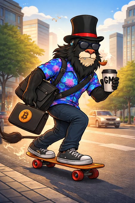 A dapper lion sporting a top hat, sunglasses, and a floral shirt rides a skateboard through the city while holding a Bitcoin-branded briefcase, a "GM" coffee cup, and smoking a pipe—perfectly capturing the playful crypto vibe of a "Good morning Web3 Homies" greeting.