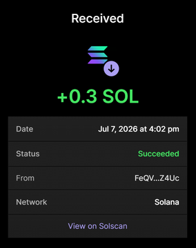 A transaction confirmation showing 0.3 SOL was successfully received on the Solana network on July 7, 2026, at 4:02 pm from address FeQV...Z4Uc, providing proof of payment for the 3 Million $LBSEM (Lion Bull) purchase.