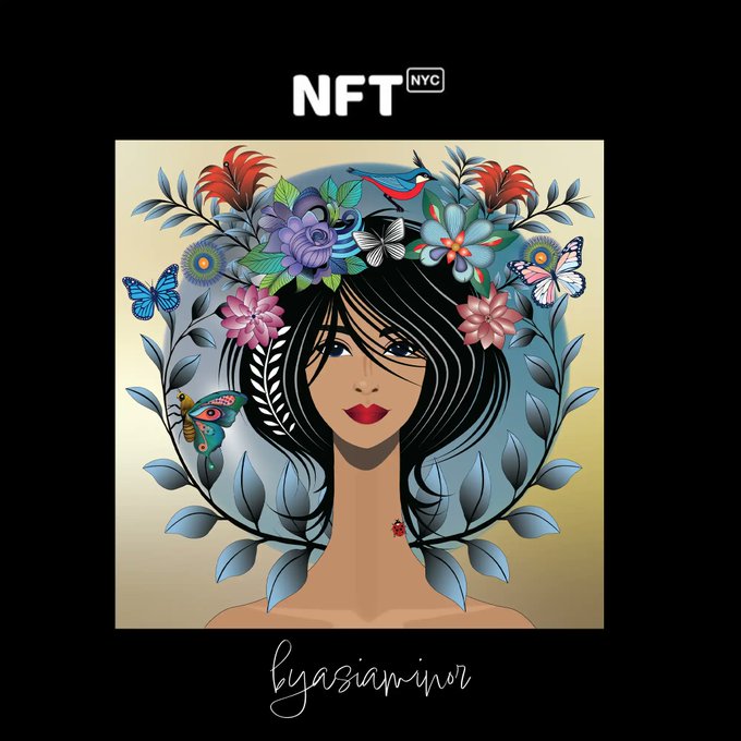 The artwork, signed "byasisminor," features a stylized illustration of a woman with flowing black hair adorned by vibrant flowers and butterflies, framed by blue foliage with the text "NFT NYC" at the top—evoking the cultural and artistic spirit of the Web3 community being celebrated in the "Taco Tuesday in Full Effect GM Web3" post.