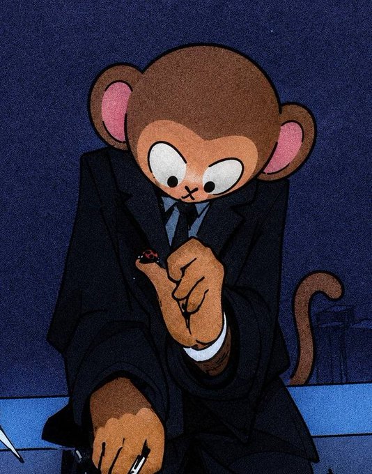 A stylized illustration of an anthropomorphic monkey in a dark suit and tie with wide eyes, holding a small object.
