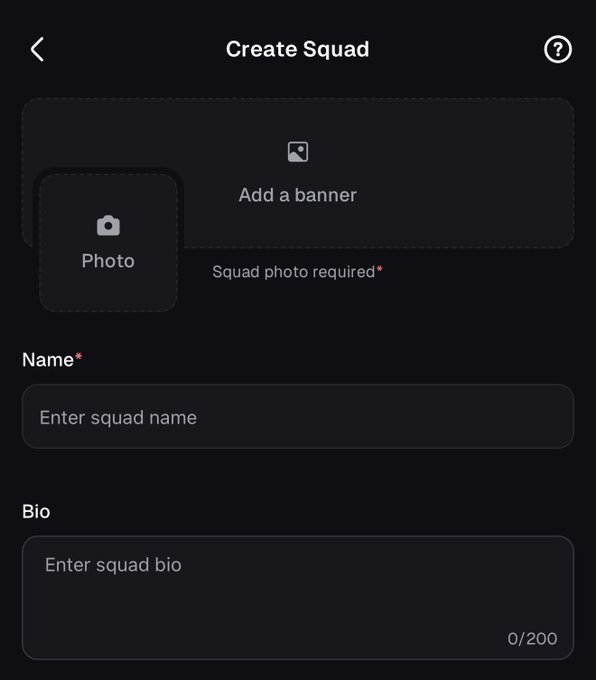 A mobile app 'Create Squad' screen requiring a photo, banner, squad name, and bio.