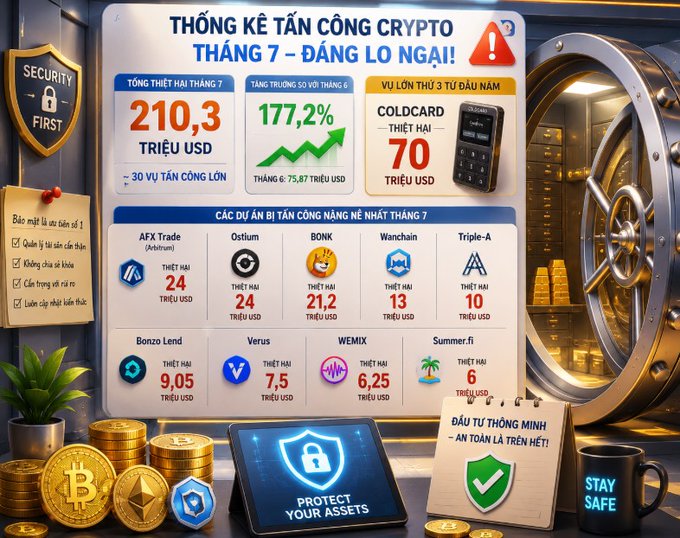 An infographic titled 'THỐNG KÊ TẤN CÔNG CRYPTO THÁNG 7' detailing July crypto attack statistics, showing $210.3M total losses, a 177.2% increase, a $70M Coldcard case, and listing affected projects like AFX Trade, BONK, Wanchain, and WEMIX.
