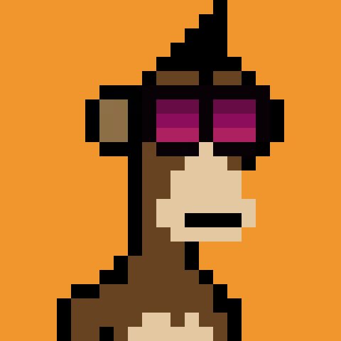 Pixel art portrait of a character with dark skin, a black top, and large purple sunglasses on an orange background.