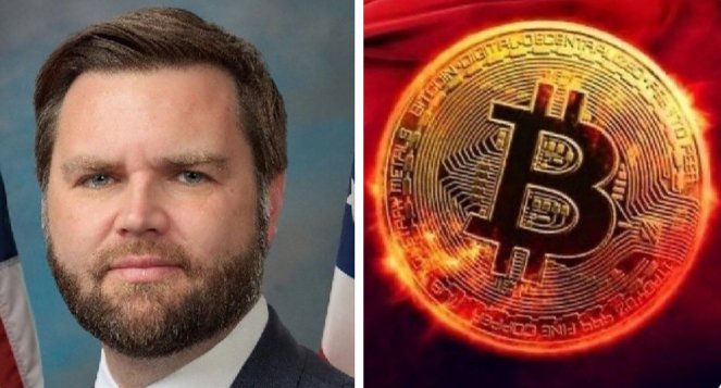 A split image shows JD Vance on the left and a Bitcoin coin with flames on the right, suggesting Vance's pro-crypto stance. The text on the Bitcoin coin reads "BITCOIN. DIGITAL DECENTRALIZED".