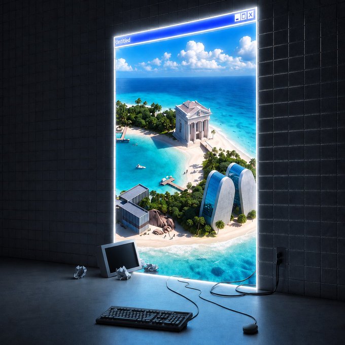 A glowing, oversized Windows-style window labeled "Untitled" displays a luxurious tropical island with classical architecture, modern glass buildings, and turquoise waters, set against a dark tiled room with a keyboard and monitor on the floor. The image visually represents an "escape window" in a tech-meets-vacation aesthetic, tying into the post's invitation to "click" into a virtual getaway via MEXC0808.