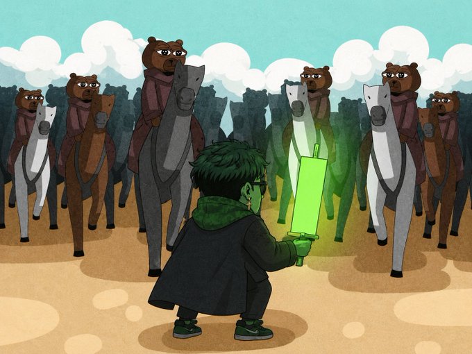 An illustration of a green-haired character in a black coat holding a glowing green sword, facing a group of brown bears wearing scarves riding gray horses.