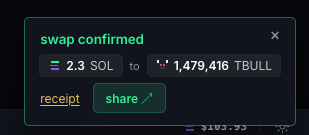 A dark-themed confirmation pop-up reading 'swap confirmed' showing a token swap of '2.3 SOL' to '1,479,416 TBULL' with options for receipt and share.