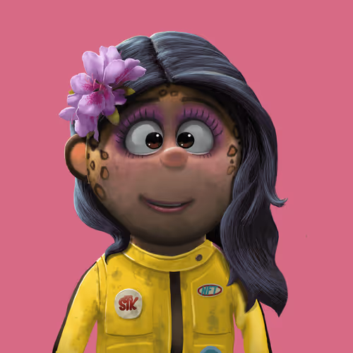 A 3D rendered character with dark hair, a pink flower, and a yellow jacket with an 'S!K' badge against a pink background.