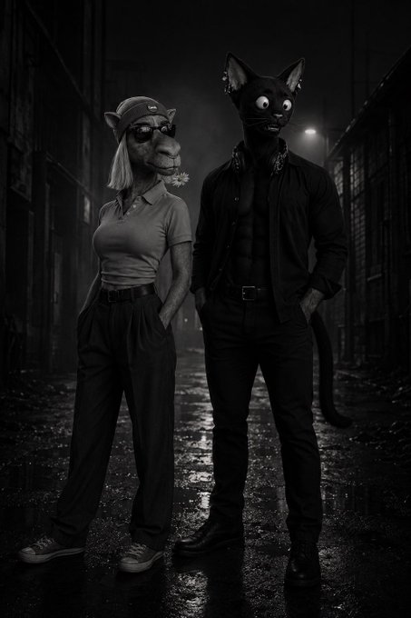 Black and white photograph of two anthropomorphic figures wearing animal masks (one horse-like, one cat-like) standing in a dark alleyway at night.