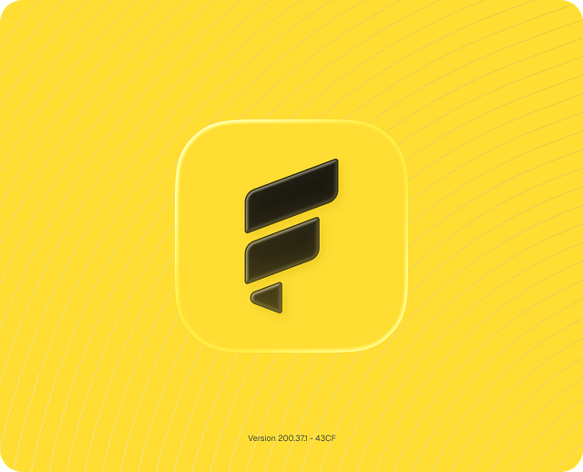 A bright yellow app icon with a stylized 'F' logo and 'Version 200.37.1 - 43CF' written below it on a background with subtle wavy lines.