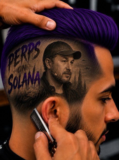 The image features a man with purple hair getting his hair cut by someone else, who has drawn a picture of him on his head as part of their hairstyling process. The drawing includes a picture of a man wearing a hat and a cape, possibly depicting a character from a movie or TV show. The caption "FADE PERPS ON SOLANA AT YOUR OWN PERIL" suggests that the image is related to a post about a person getting their hair cut by someone else, with the added twist of having a drawing on their head as part of the hairstyling process.