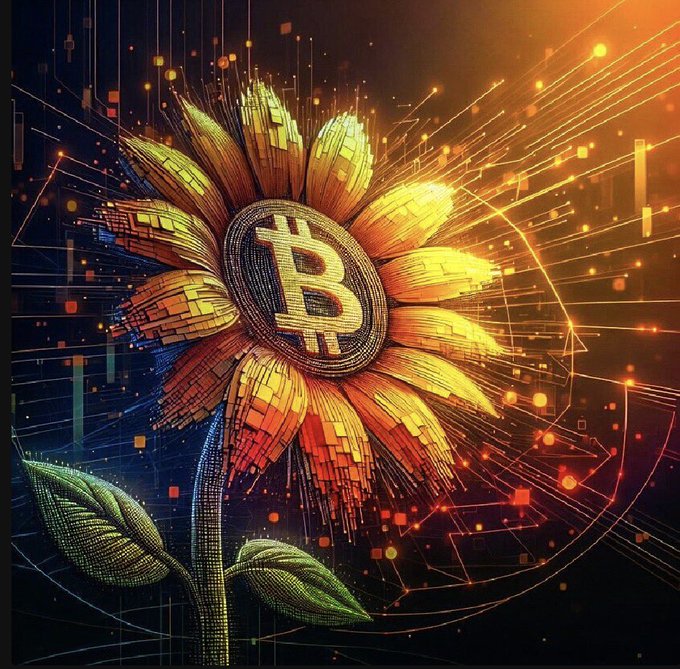 A vibrant digital artwork depicting a glowing golden sunflower composed of digital pixels, with a Bitcoin '₿' symbol at its center, set against a dark background filled with circuitry and glowing data lines.