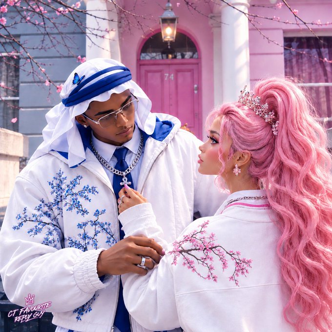 An artistic rendering shows a couple in coordinated white outfits with cherry blossom motifs; the man wears a traditional keffiyeh-style headpiece, while the woman has flowing pink hair and a tiara, set against a pink building marked "74." The watermark reads "CT FAVOURITE REPLY GUY."