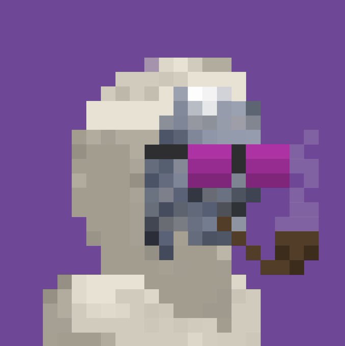 A pixel art illustration depicting a gray, rocky head or statue wearing a bright pink visor, set against a solid purple background.