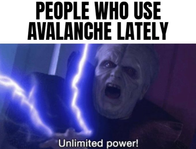 The image is a meme featuring Emperor Palpatine from Star Wars unleashing Force lightning with the caption "PEOPLE WHO USE AVALANCHE LATELY" at the top and "Unlimited power!" at the bottom. This relates to the post's #everyday1Avaxmeme series, humorously suggesting that Avalanche (AVAX) users possess "unlimited power," likely referring to the network's speed and low transaction costs compared to competitors.
