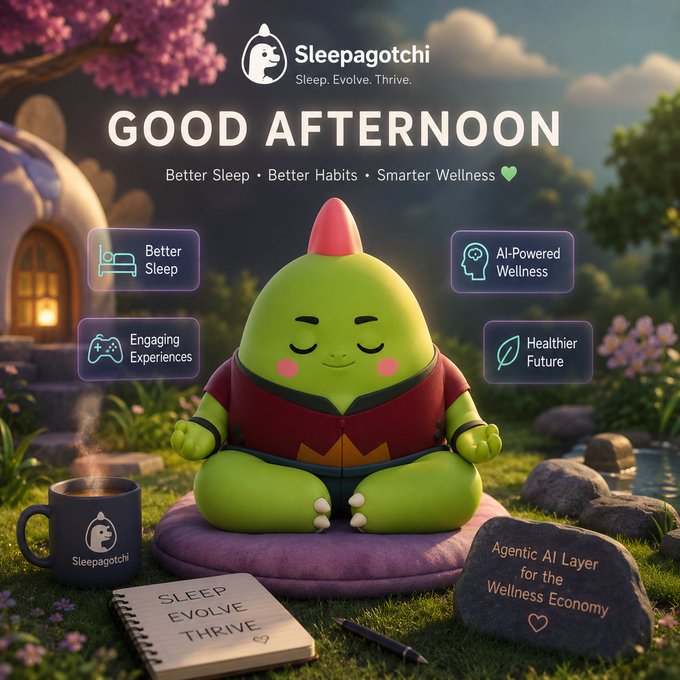 A promotional graphic for 'Sleepagotchi' displays a green dinosaur-like character meditating in a serene outdoor setting. Text reads 'GOOD AFTERNOON' with tagline 'Sleep. Evolve. Thrive.' and features icons for 'Better Sleep', 'AI-Powered Wellness', 'Engaging Experiences', and 'Healthier Future'. A stone reads 'Agentic AI Layer for the Wellness Economy'.