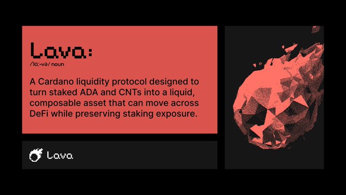 The image features a red and black poster with an illustration of a red lava rock, which is the main focus of the poster. The poster also includes text that reads "Lava" and "Cardano Liquidity Protocol". This suggests that the poster might be related to Cardano's new Liquidity Protocol or a similar concept in the cryptocurrency world.