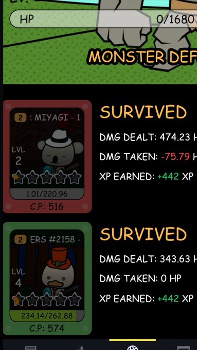 A mobile game battle results screen showing two characters that "SURVIVED" with damage stats: 'MIYAGI - 1' dealt 474.23 HP damage and earned +442 XP, while 'ERS #2158' dealt 343.63 HP damage and earned +442 XP.