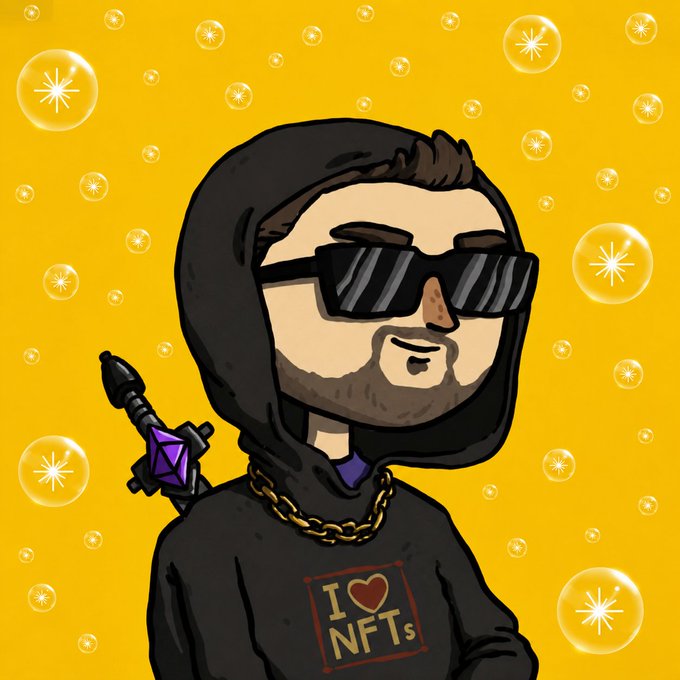 Cartoon illustration of a bearded man wearing sunglasses, a black hoodie that says 'I ❤️ NFTs', and a gold chain, with a purple gem sword over his shoulder, set against a yellow background with bubbles.