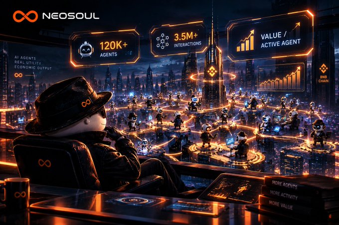A futuristic digital marketing graphic for 'NEOSOUL' shows a figure overlooking a cyber cityscape with stats including '120K+ AGENTS', '3.5M+ INTERACTIONS', and 'VALUE / ACTIVE AGENT'.