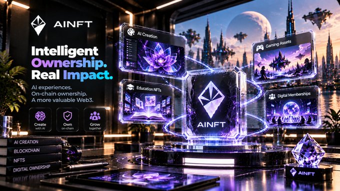 AINFT promotional banner reading 'Intelligent Ownership. Real Impact.' showcasing AI Creation, Gaming Assets, Education NFTs, and Digital Memberships.
