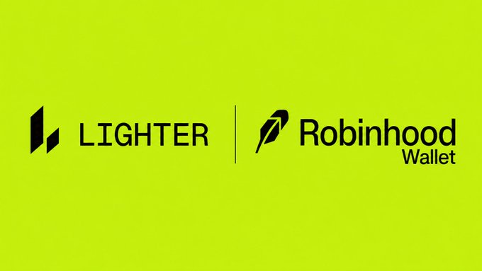 The image features a bright green background with two logos side by side: "LIGHTER" with its geometric icon on the left, and "Robinhood Wallet" with its feather quill logo on the right, separated by a vertical line. This visual announces the partnership between the two platforms, aligning with the news that Lighter is launching a points program for its integration with Robinhood Wallet.