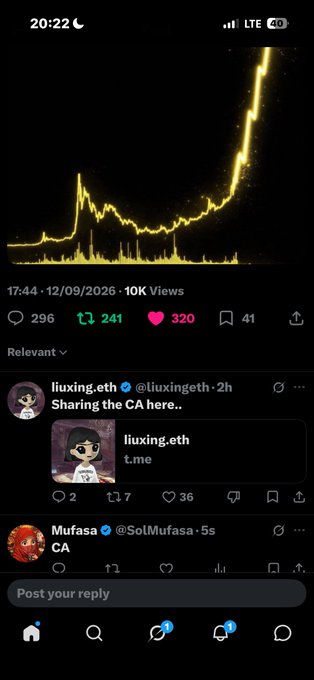 A mobile app screenshot showing a glowing yellow line chart going sharply upward, posted by user 'liuxing.eth' with 10K views, alongside replies including one from 'Mufasa'.
