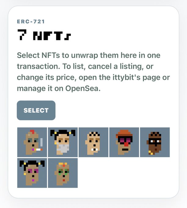 A digital interface for ERC-721 7 NFTs displays instructions to 'Select NFTs to unwrap them here in one transaction' alongside seven pixel-art character portraits and a SELECT button.