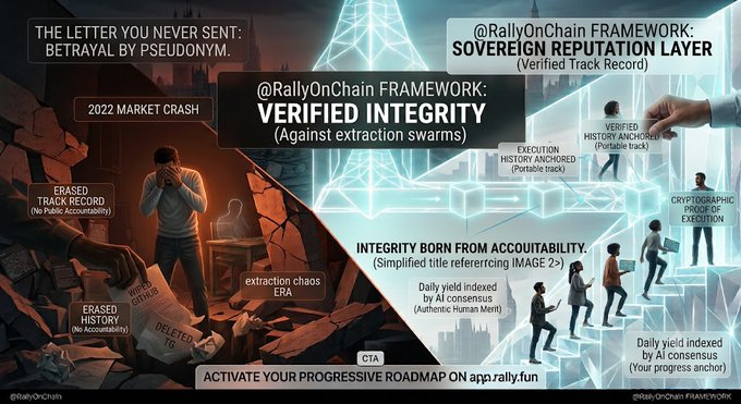 A split-frame graphic contrasts a dark "extraction chaos era" of erased histories and deleted records from the 2022 market crash with a luminous "@RallyOnChain FRAMEWORK" promoting "Verified Integrity" and a "Sovereign Reputation Layer" via portable, AI-consensus-anchored execution tracks and a CTA to "Activate your progressive roadmap on app.rally.fun." The image visually reinforces the post's unresolved grievance toward a co-founder who vanished during the 2022 crash, juxtaposing his erased accountability with RallyOnChain's promise of tamper-proof, cryptographically verified reputational history.