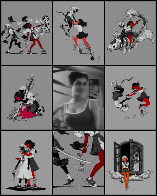 A 3x3 grid featuring black, white, and red anime-style illustrations of various characters and scenes surrounding a central black-and-white photo of a woman taking a mirror selfie.
