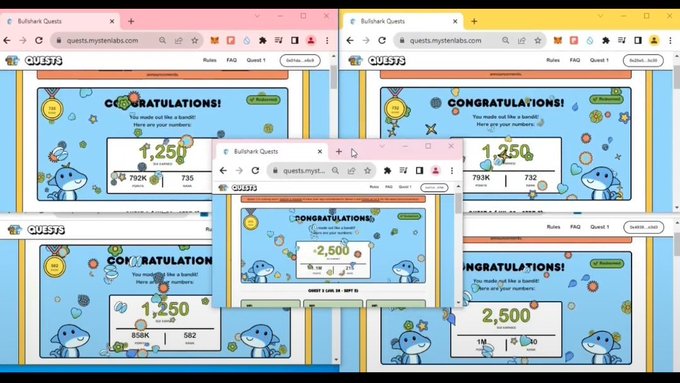Multiple browser windows showing the Bulshark Quests website displaying 'CONGRATULATIONS!' messages with various coin reward amounts (1,250 and 2,500).