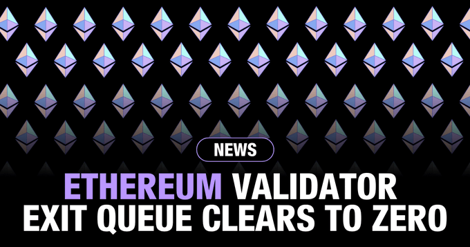 A dark graphic features a repeating pattern of iridescent Ethereum logos fading into the background, overlaid with a "NEWS" badge and bold white and purple text reading "ETHEREUM VALIDATOR EXIT QUEUE CLEARS TO ZERO," visually highlighting the milestone mentioned in the post about ETH's validator exit queue dropping to zero.