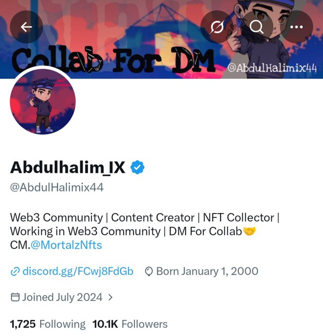 Twitter/X profile for Abdulhalim_IX (@AbdulHalimix44) showing a banner that reads 'Collab For DM' and bio stating 'Web3 Community | Content Creator | NFT Collector | Working in Web3 Community | DM For Collab', with 10.1K Followers and a discord.gg/FCwj8FdGb link.