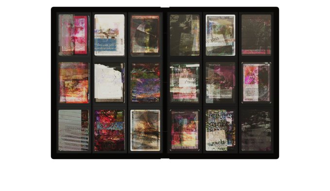 An open black photo album displaying 18 abstract, mixed-media collage cards or prints in various dark colors and textures.