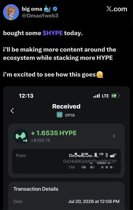 A tweet from 'big oma' (@Omaofweb3) announcing a purchase of $HYPE tokens, accompanied by a screenshot of a transaction receipt for '+ 1.6535 HYPE' valued at approximately $100.74.