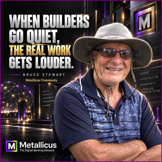 An advertisement featuring Bruce Stewart from the Metallicus Community, with text reading 'WHEN BUILDERS GO QUIET, THE REAL WORK GETS LOUDER.' and 'Metallicus: The Digital Banking Network'.