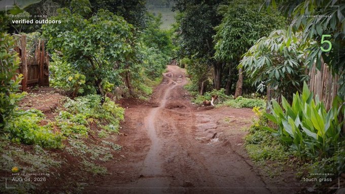 A first-person view of a muddy dirt path winding through lush green foliage in a tropical or subtropical setting, overlaid with HUD-style text including "PROOF OF DAILY verified outdoors," "AUG 04 2026," "DAY 5," and "Touch grass."