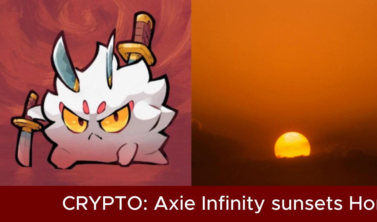 The image features a cartoon of a white creature with horns holding a sword and a shield, standing against an orange sunset backdrop. The text above the image reads "Crypto: Axie Infinity sunsets Ho", indicating that the scene is related to cryptocurrency or blockchain technology. The caption below the image states that the game follows on June 17th, and players have one week to claim what's left before the doors close. Additionally, the post mentions that Terrariums will go live as a replacement for the game on June 17th.