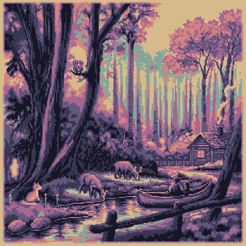 A pixel art illustration depicting a serene forest scene with a cabin by a pond, featuring vibrant purple and pink foliage, an owl in a tree, and a person in a canoe.